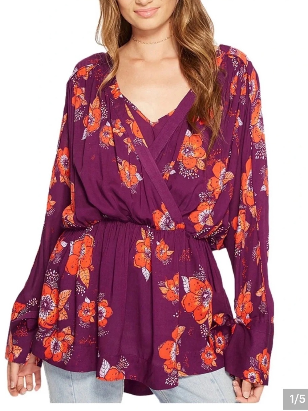 Free People L  Floral Surplice Peplum Top - Purple/Orange